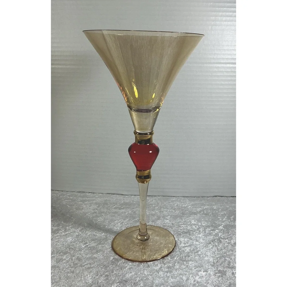 VTG Unique European Art Glass Tall Amber Gold  Red Jewel Martini Red Stem 10